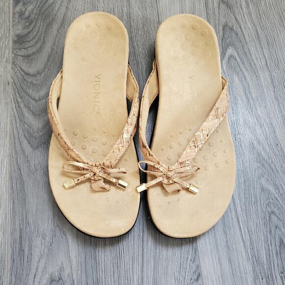 Vionic Sandals Womens Size 9.5 Cork Tan Bella Thong Flip Flop Bow Orthotic Arch - Picture 1 of 6